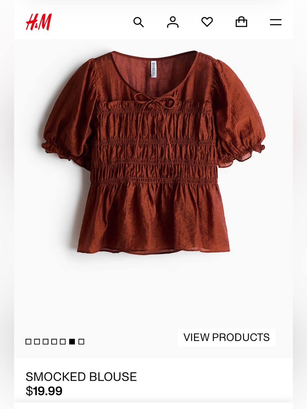 H&M Rust Smocked Puff-Sleeve Blouse